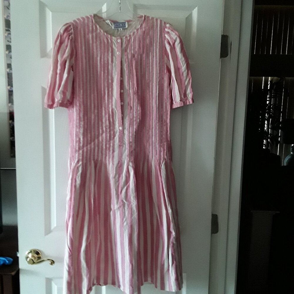 EUC Vintage Samuel Blue Midi Dress Pink/Cream Mix Blend Size 10